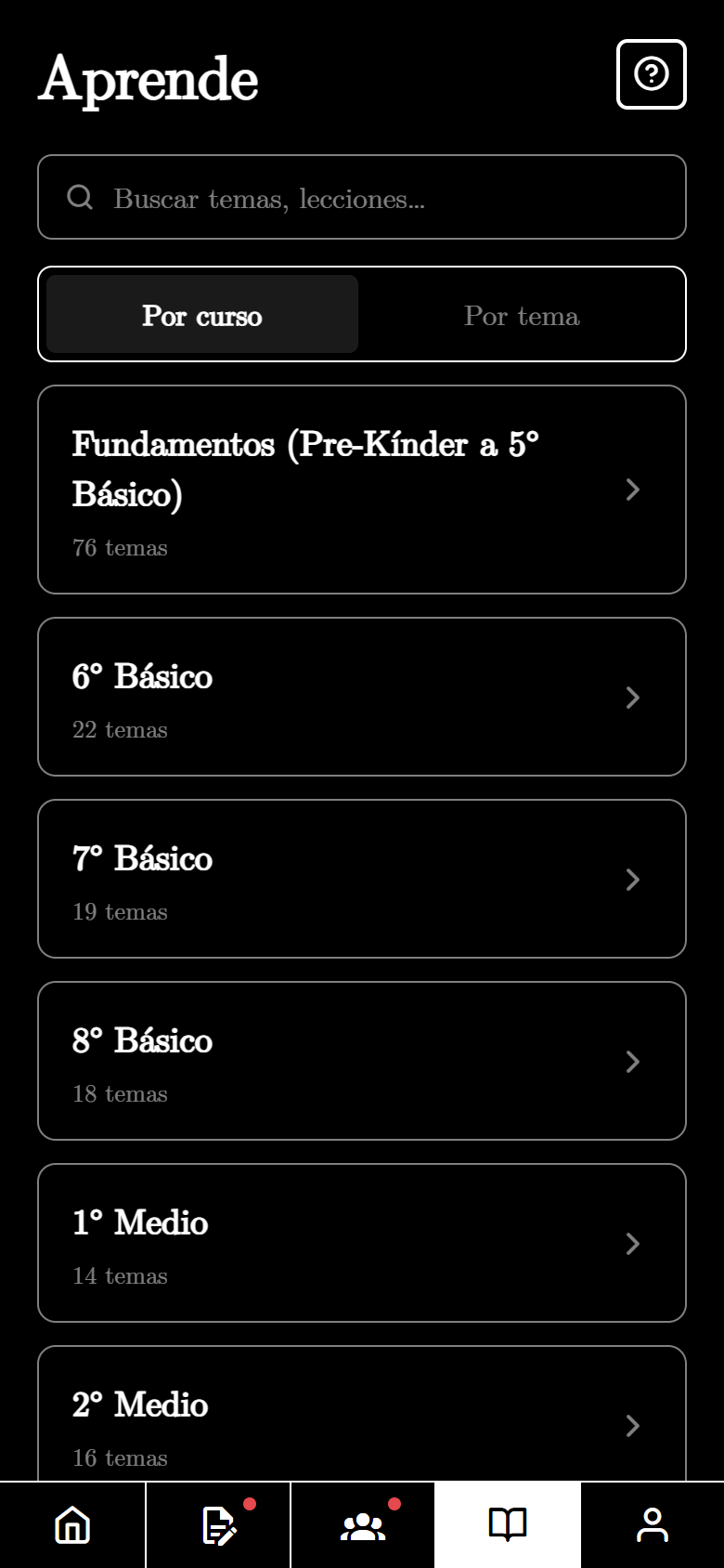 Pestaña Aprende con los temas de matemáticas organizados por curso