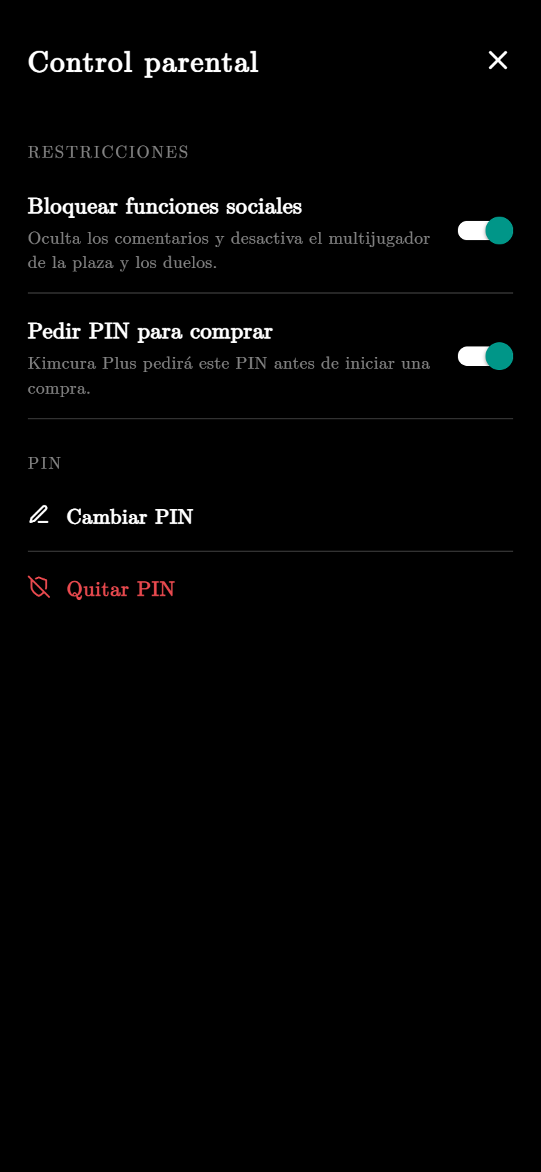 Pantalla de control parental de Kimcura con el bloqueo de funciones sociales y las compras protegidas con PIN activados